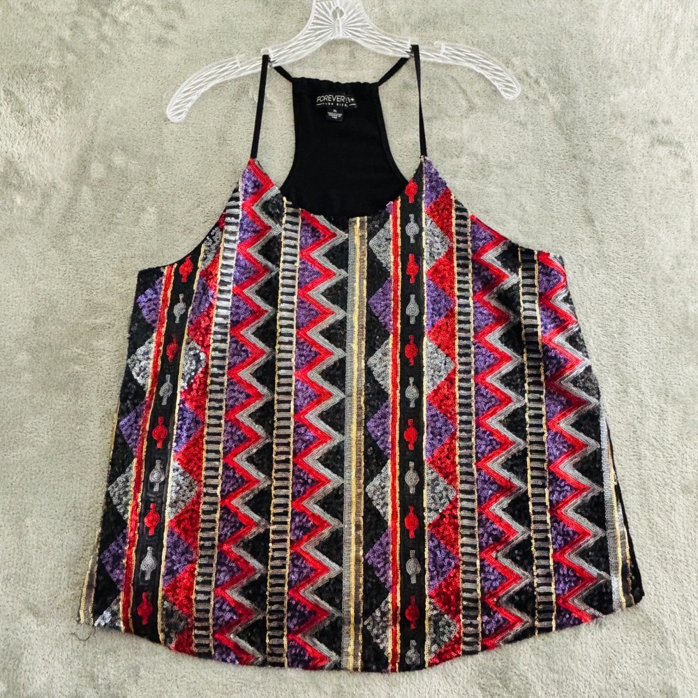 Forever 21 Tribal Sequin Racerback Tank Top XL Red Purple Gold Black Zig Zag